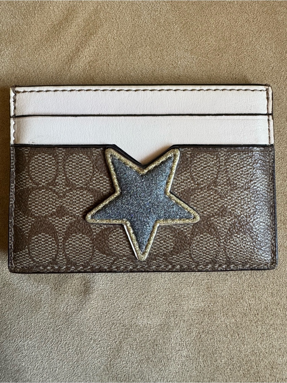 Coach Brown Monogram Card Case with Silver Glitter Star and White Top